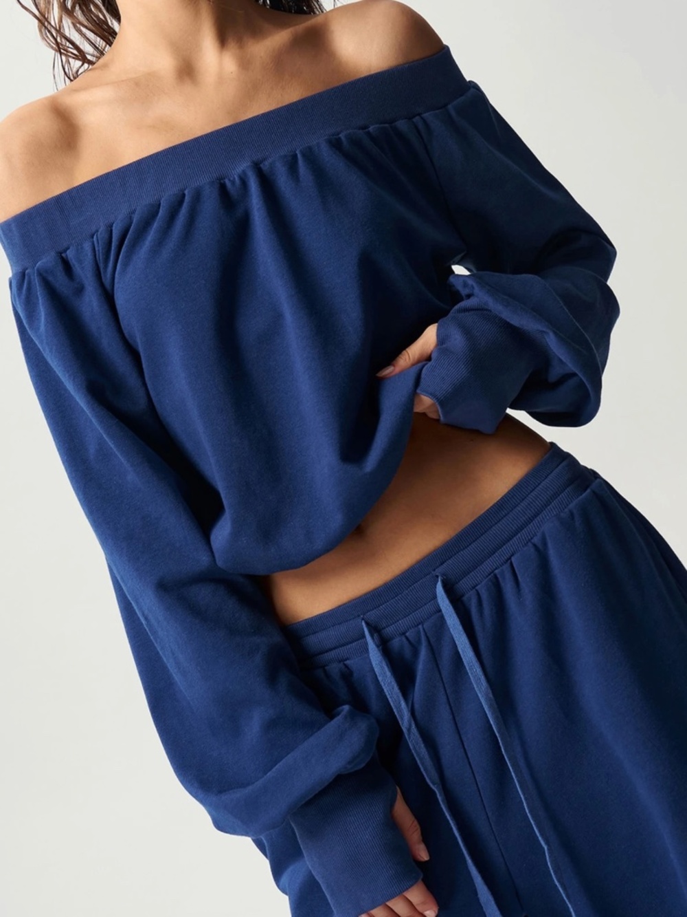 Solid Blue Off Shoulder Long Sleeve Top Wide Leg Pants Set - Picture 4 of 7